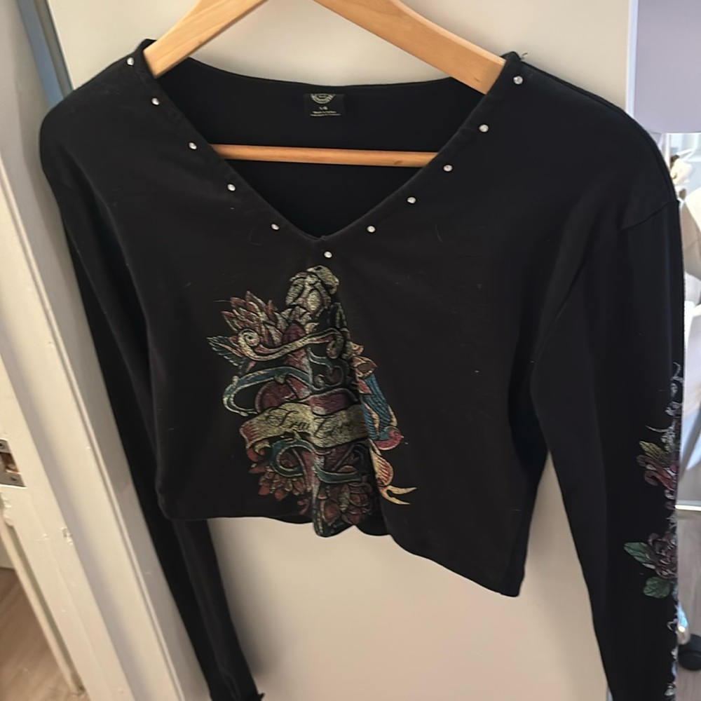 black long sleeve cropped top y2k with rhinestone